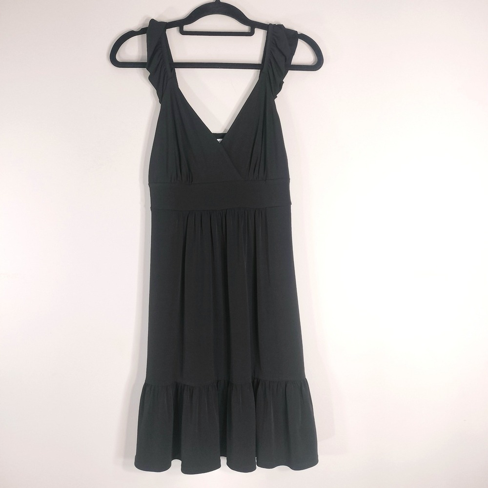 White House Black Market Black Dress; Ruffle Strap V-Neck Tiered Hem Mini